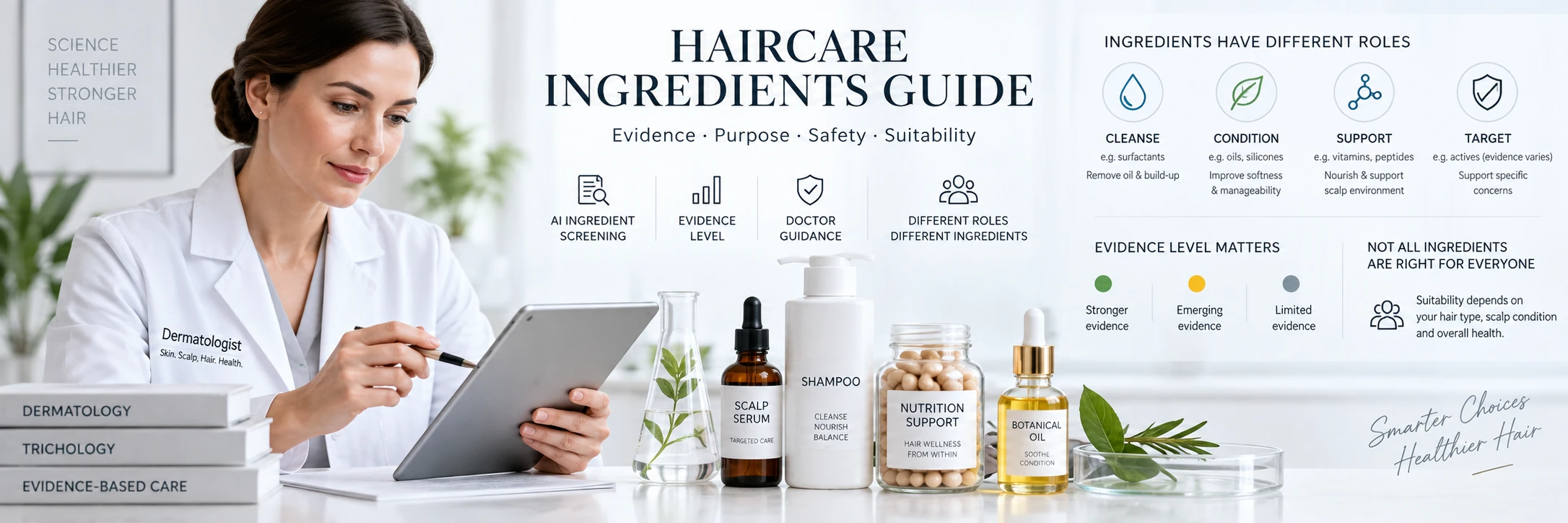 Dermatologist-reviewed haircare ingredients guide showing serum, shampoo, supplements and botanical oil with evidence, purpose, safety and suitability guidance.
