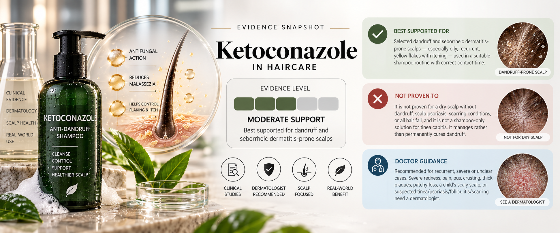 Ketoconazole Haircare Evidence for Dandruff & Seborrheic Dermatitis Evidence level snapshot for ketoconazole shampoo in dandruff and seborrheic dermatitis-prone scalp care