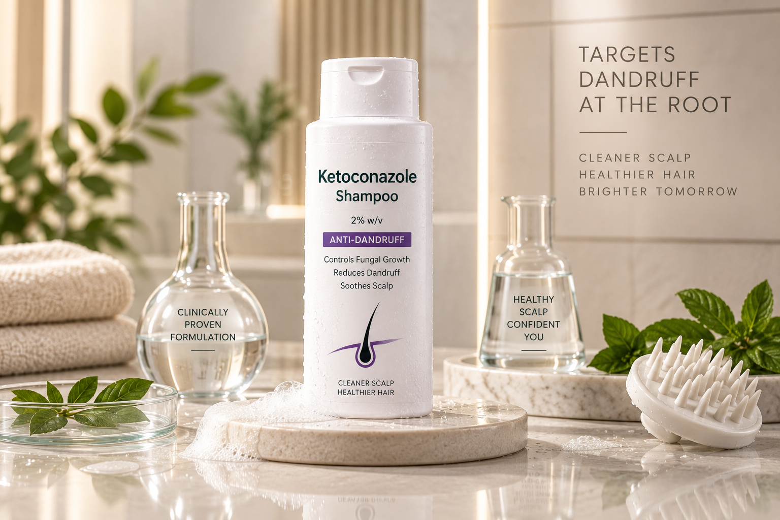 Ketoconazole ingredient with healthy scalp and hair follicles in a clinical laboratory setting