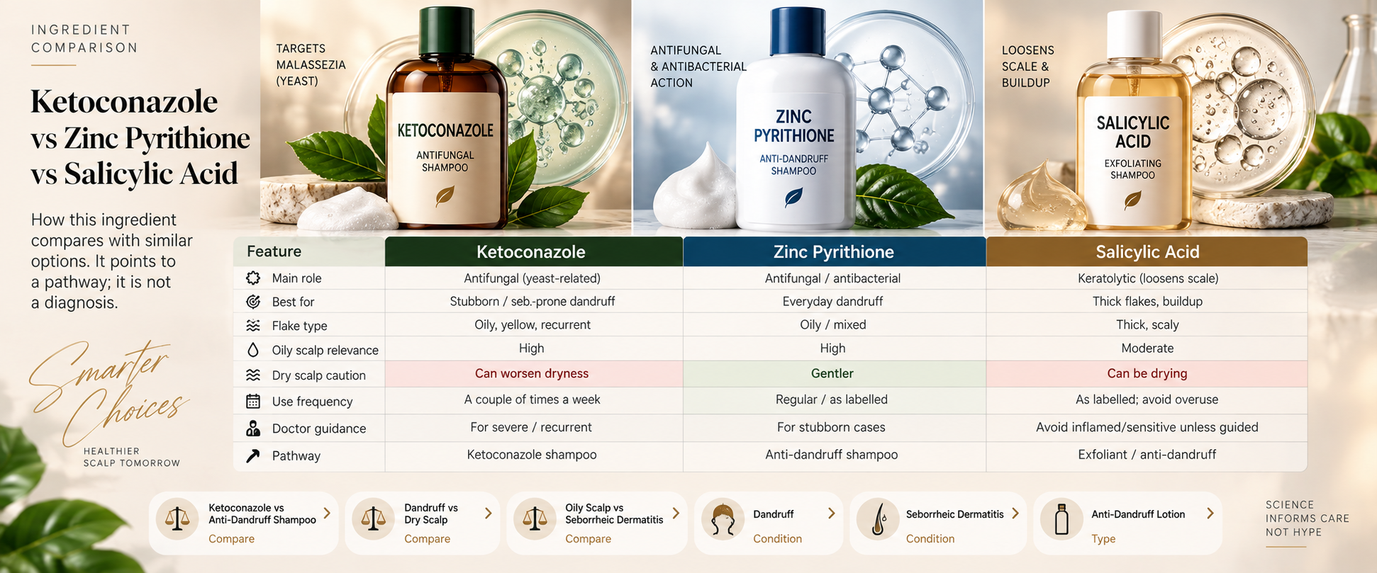 Ketoconazole vs Zinc Pyrithione vs Salicylic Acid for Dandruff Ketoconazole vs zinc pyrithione vs salicylic acid comparison for dandruff oily scalp and thick flakes