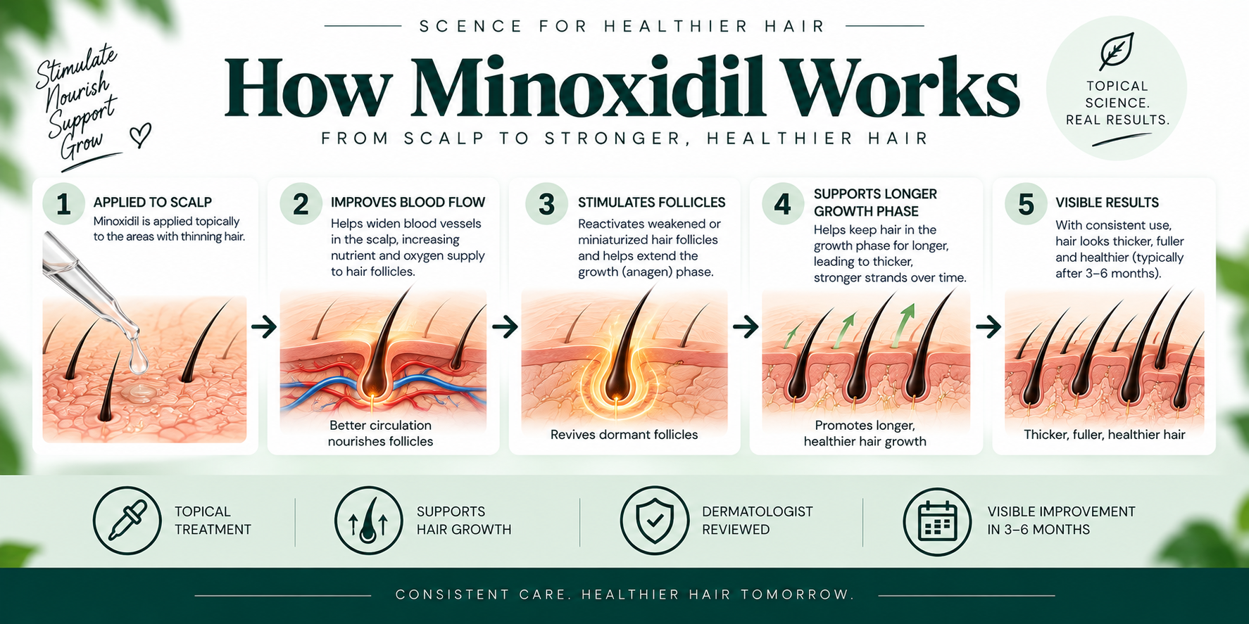 How Minoxidil Works — Mechanism Visual How Minoxidil works on hair and scalp, illustrated with topical application, follicle support, and hair-growth phases.