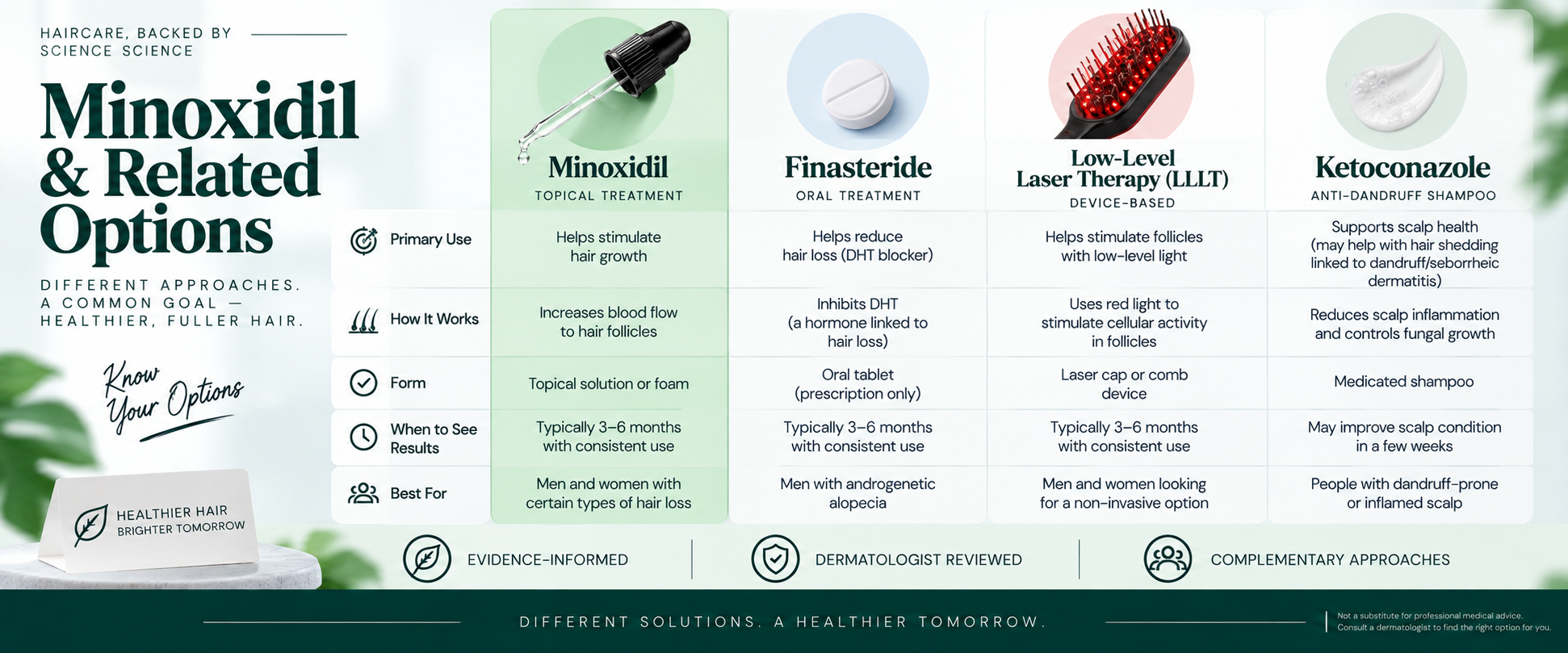 Minoxidil Compared With Related Hair Loss Options Minoxidil compared with related hair loss options including finasteride, low-level laser therapy, and ketoconazole.