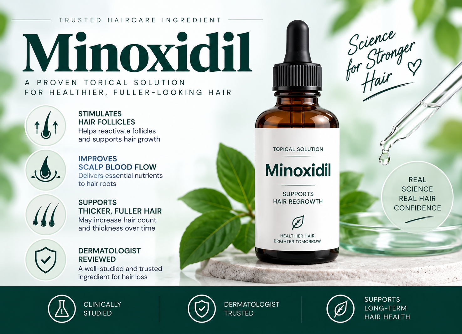 Premium Minoxidil ingredient visual featuring a topical solution, hair follicles, scalp-care imagery, and science-focused haircare elements.