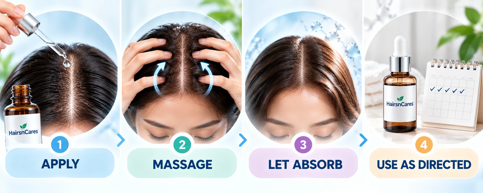 How to use niacinamide scalp serum showing apply massage absorb and use as directed