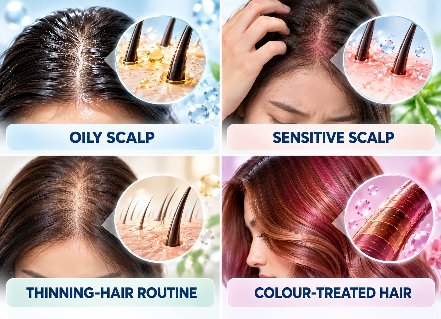 Niacinamide serum ingredient close-up with molecular visual for hair and scalp care