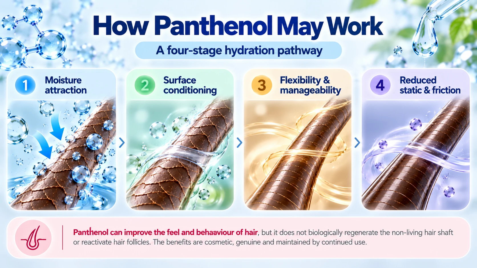 How Panthenol Works for Hair – Four-Stage Hydration Pathway How Panthenol may work on hair through moisture attraction surface conditioning improved flexibility and reduced friction