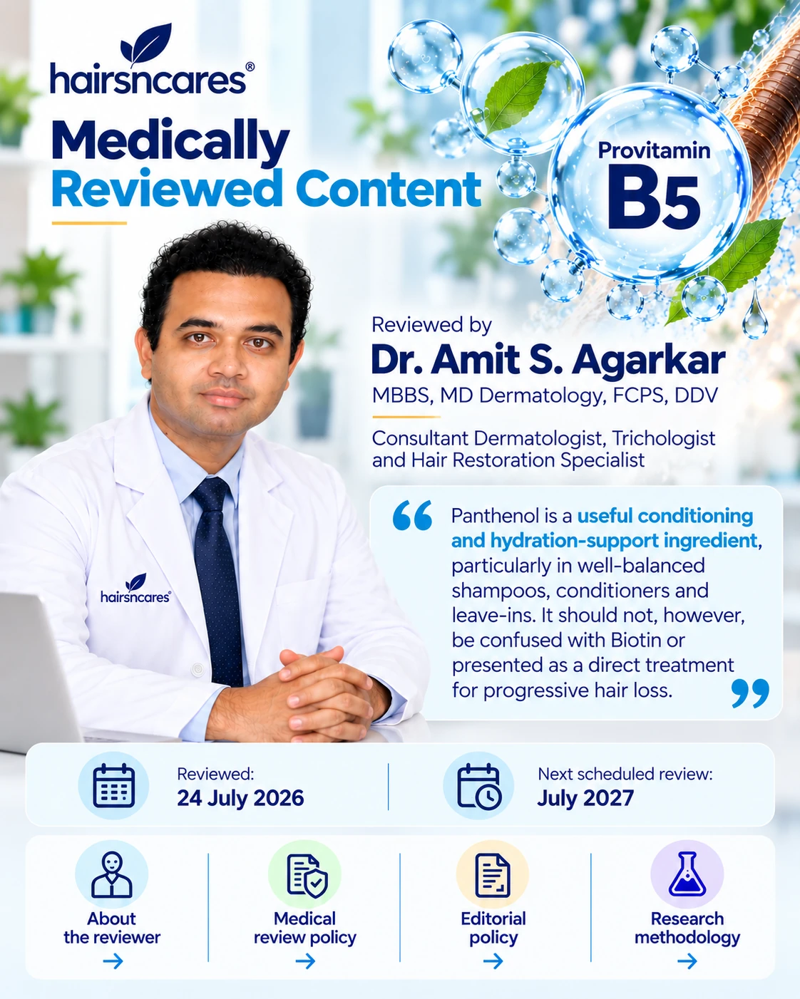 Panthenol Haircare Medically Reviewed by Dr. Amit S. Agarkar Dr Amit S Agarkar dermatologist reviewing Panthenol Provitamin B5 guidance for hair hydration and conditioning