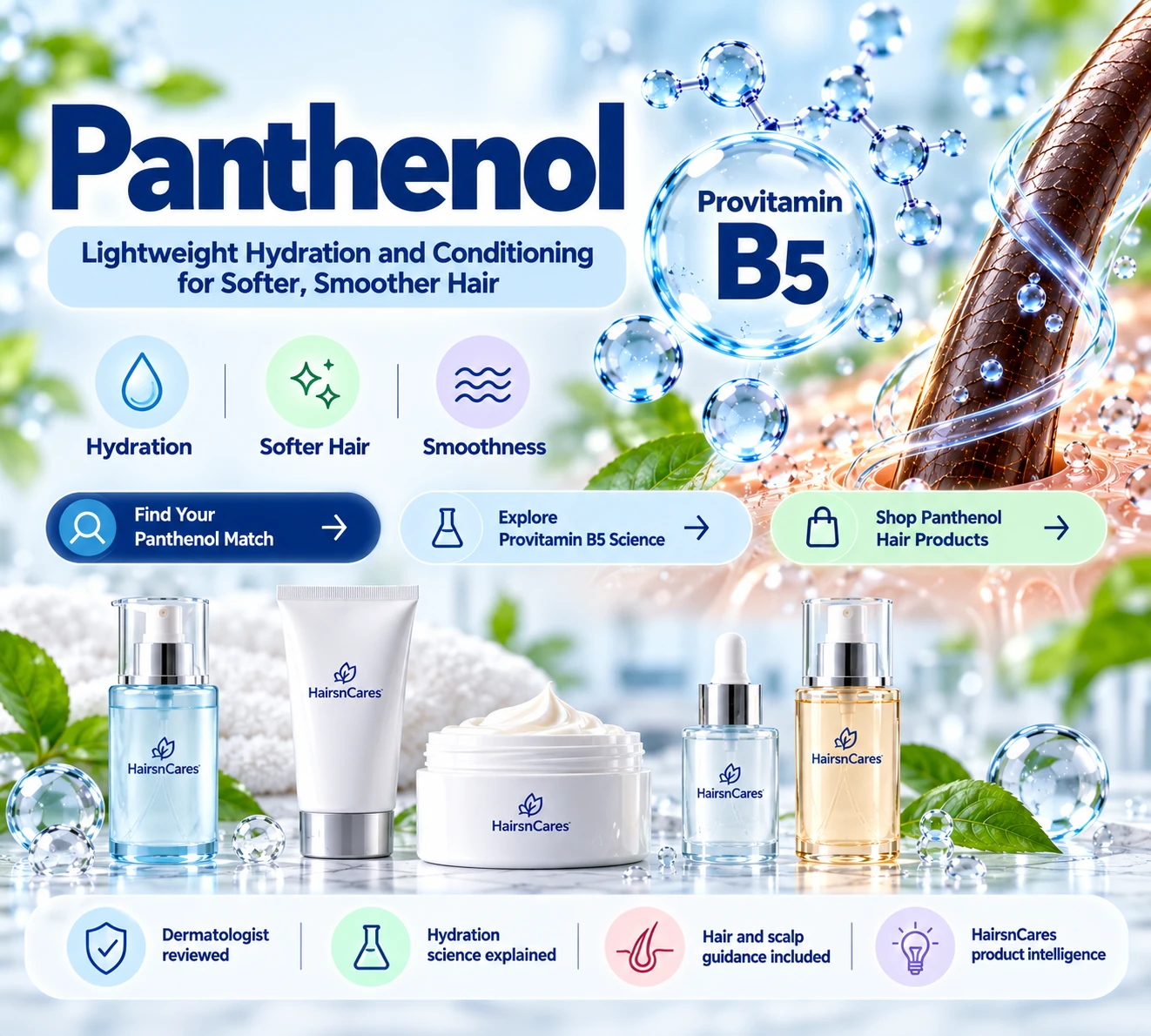 Panthenol Provitamin B5 for Hair – Hydration & Conditioning Panthenol Provitamin B5 hair ingredient visual showing lightweight hydration softness and smoothing support for hair