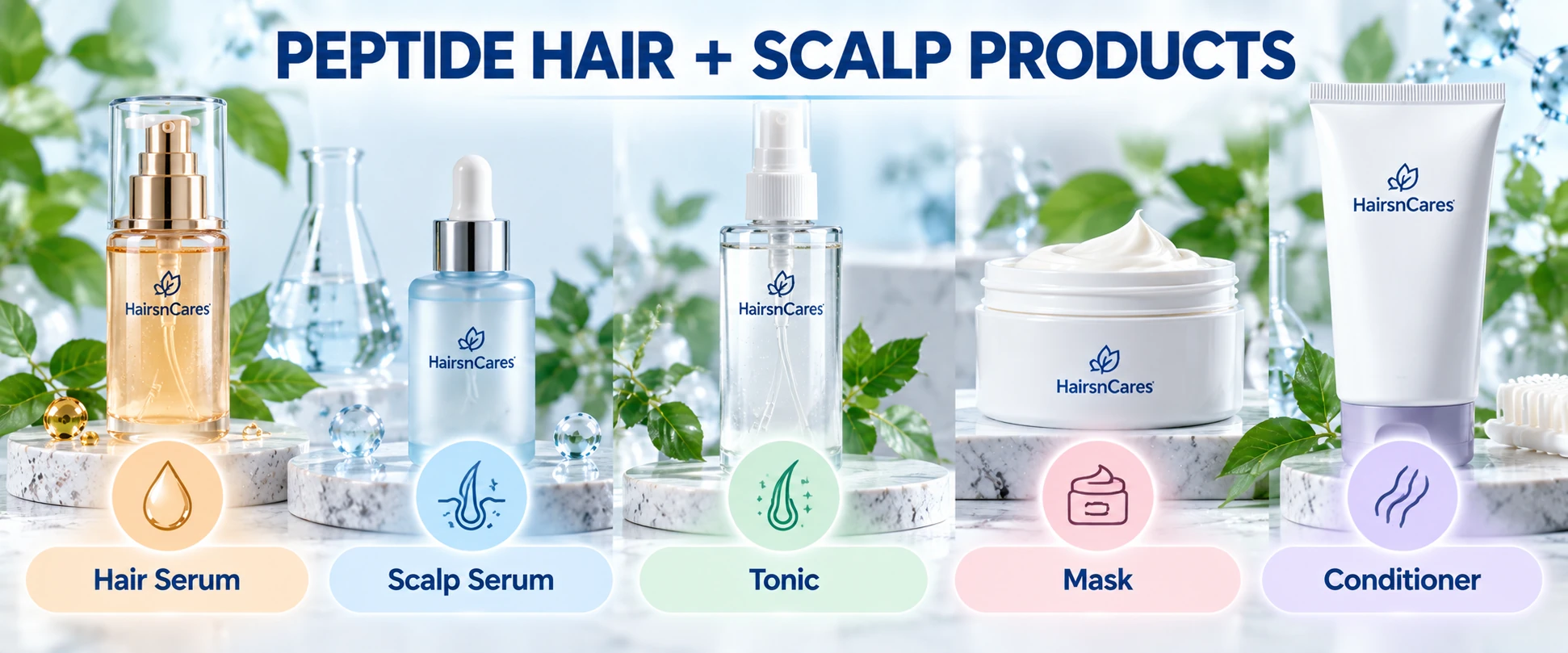 HairsnCares peptide hair and scalp product formats including serum tonic mask and conditioner