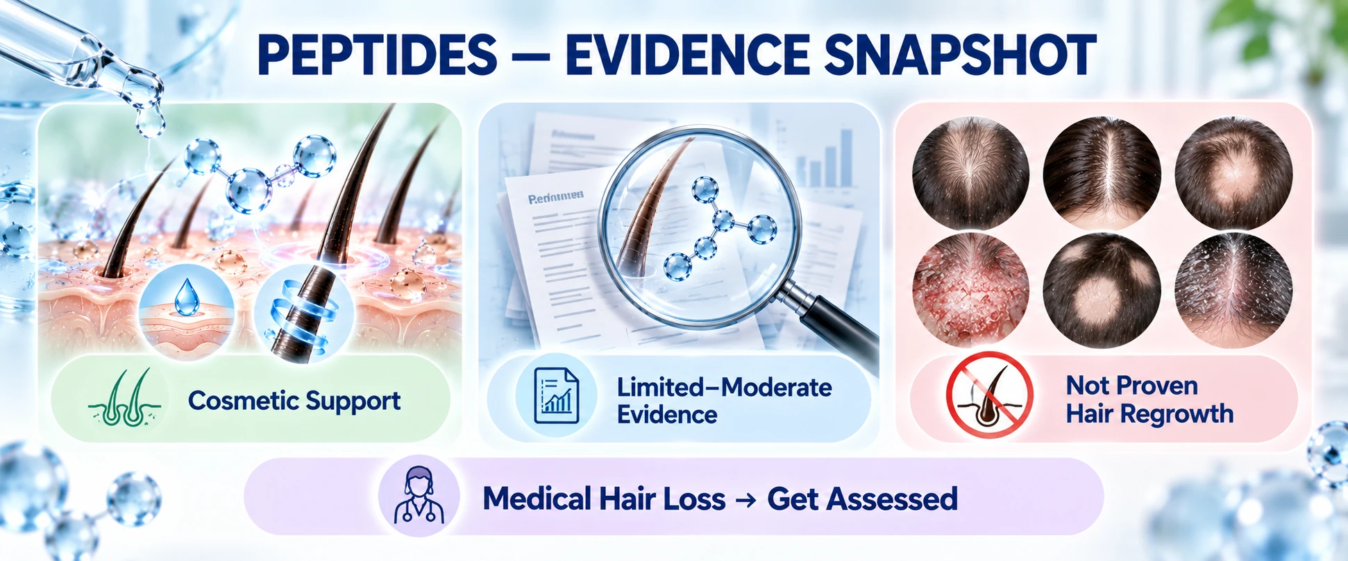 Peptides hair evidence snapshot showing limited to moderate cosmetic support and no proven medical hair-regrowth treatment
