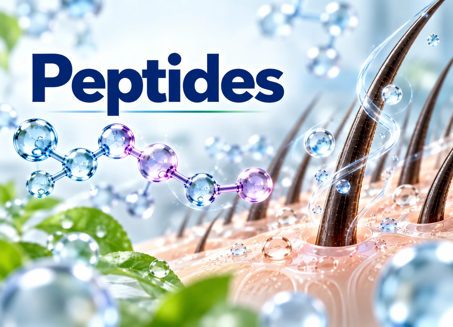 Peptides ingredient overview showing short amino-acid chains used for cosmetic scalp support and hair-fibre care