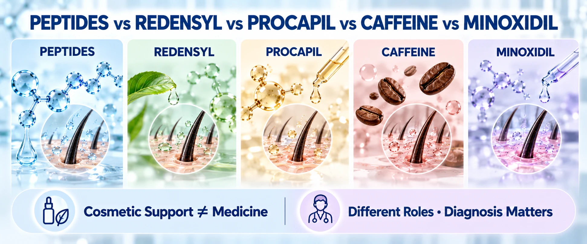 Peptides compared with Redensyl Procapil caffeine and Minoxidil by cosmetic versus medicine role