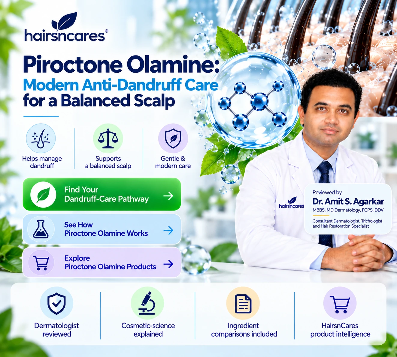 Piroctone Olamine for Dandruff & Balanced Scalp Care Piroctone Olamine anti-dandruff ingredient visual for flake management and balanced scalp care