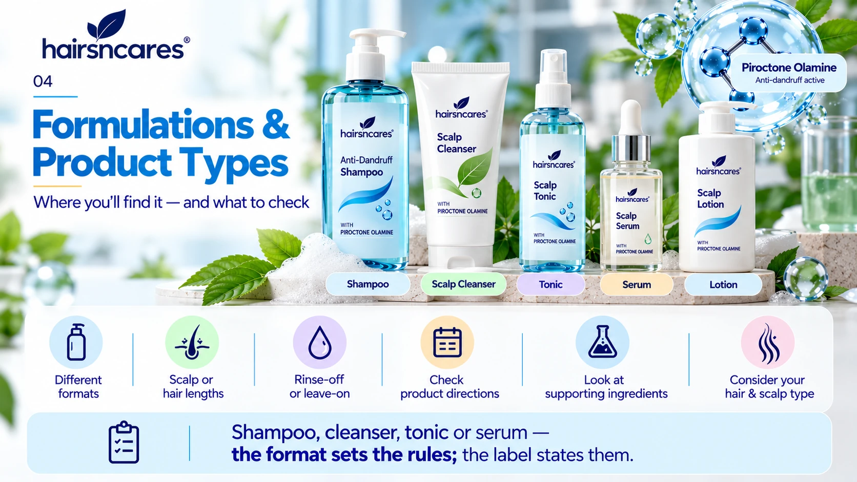 Piroctone Olamine Formulations & Product Types Piroctone Olamine product formats including HairsnCares anti-dandruff shampoo scalp cleanser tonic serum and scalp lotion