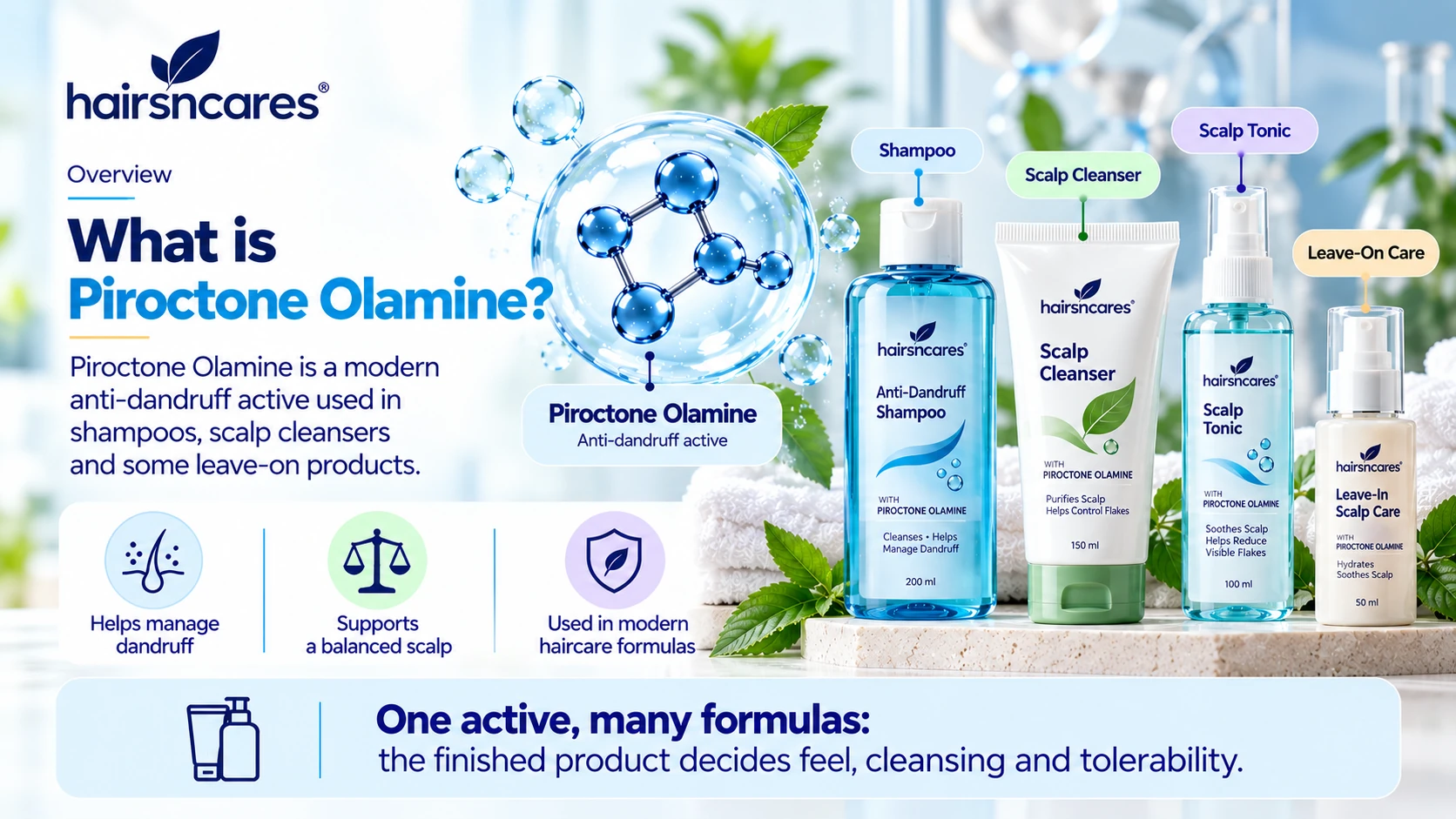 What Is Piroctone Olamine? Ingredient & Formulation Guide Piroctone Olamine anti-dandruff ingredient shown across HairsnCares shampoo scalp cleanser tonic and leave-on scalp care formats