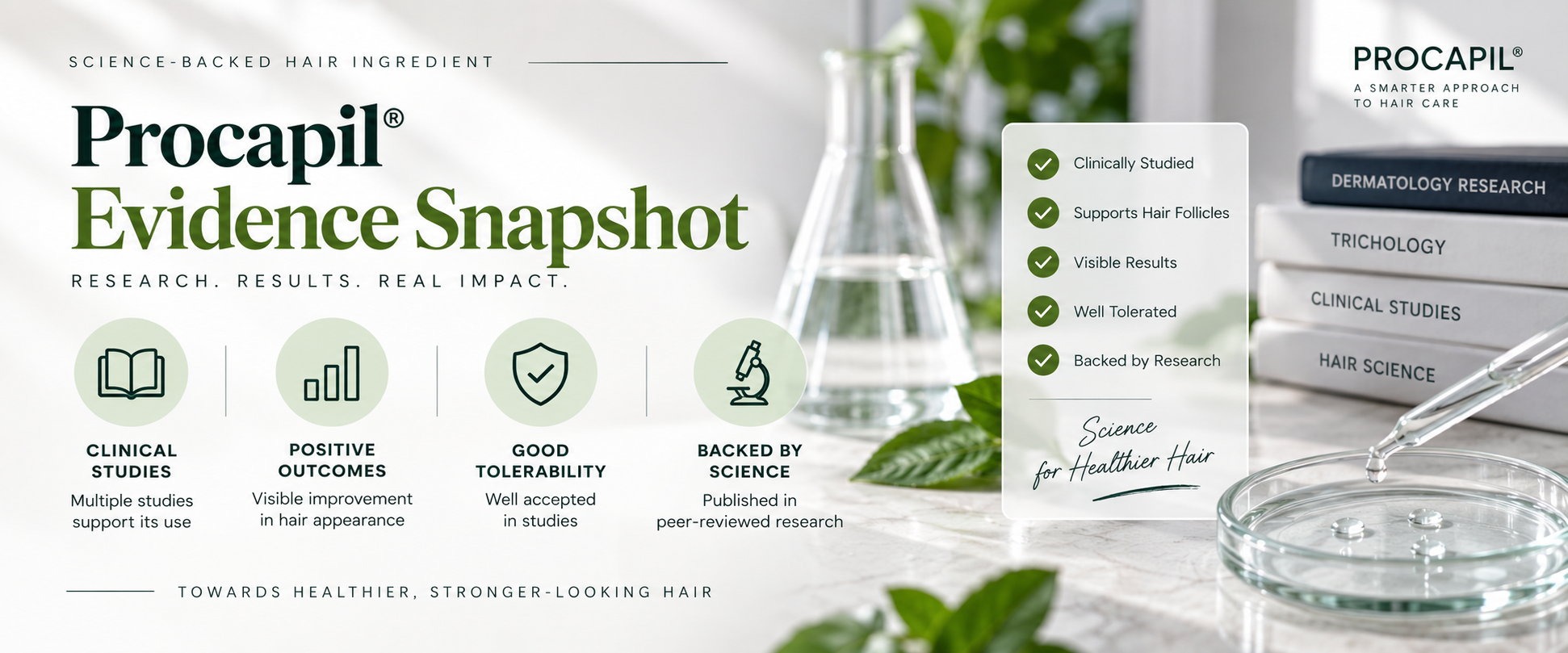 Evidence Snapshot — Procapil Evidence level snapshot for Procapil in haircare, showing research, clinical studies, and hair follicle support.