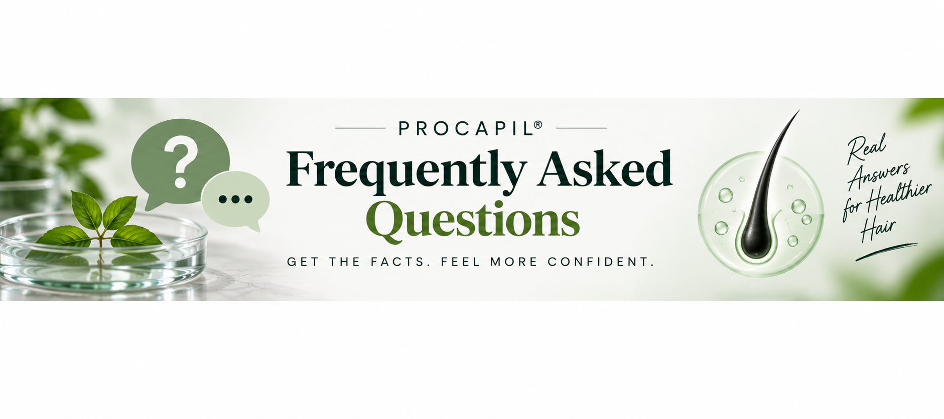 Procapil FAQs — Frequently Asked Questions Procapil frequently asked questions banner with hair follicle and botanical visuals.