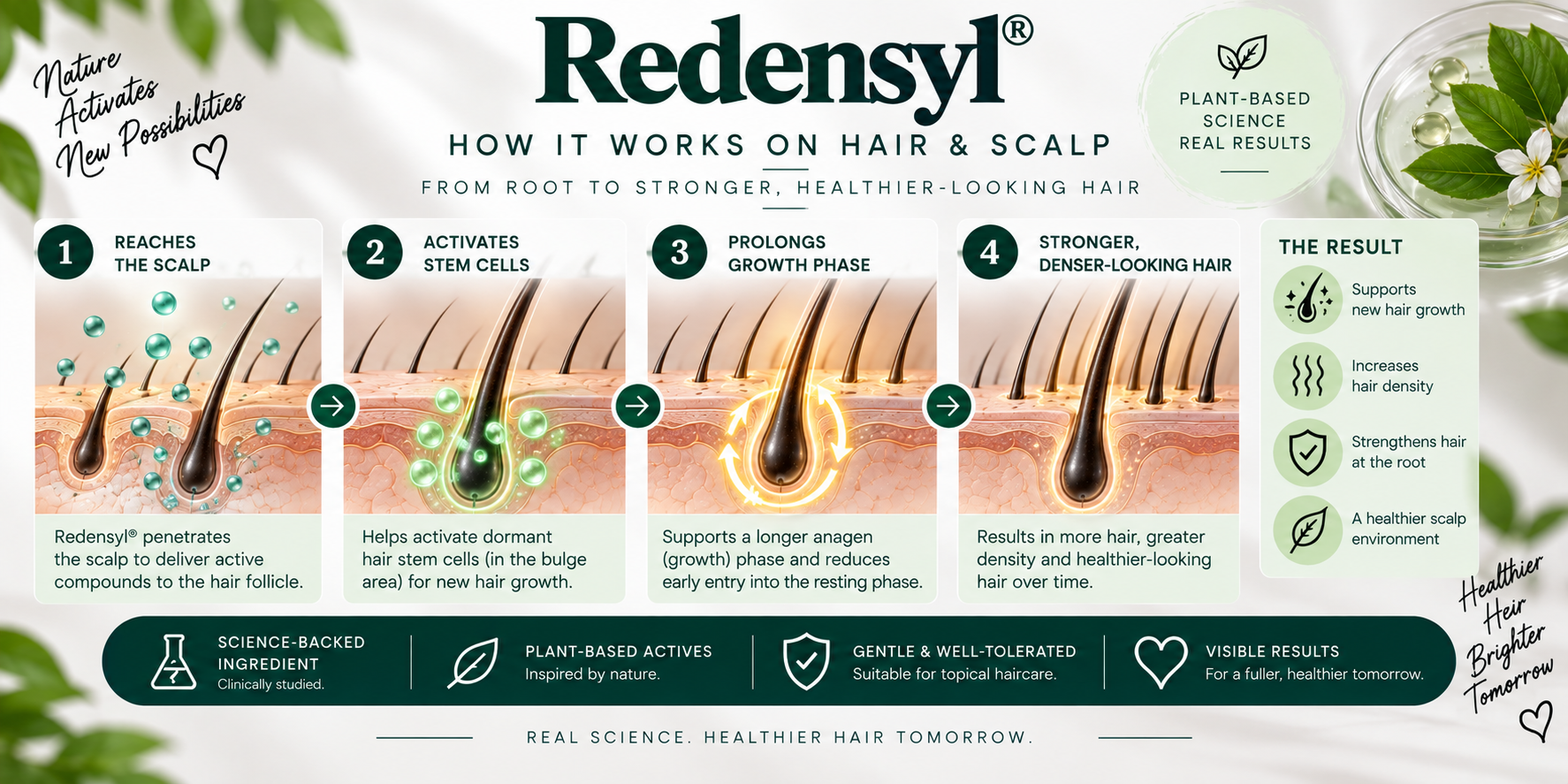 How Redensyl Works on Hair & Scalp How Redensyl works on hair and scalp, illustrated step by step.