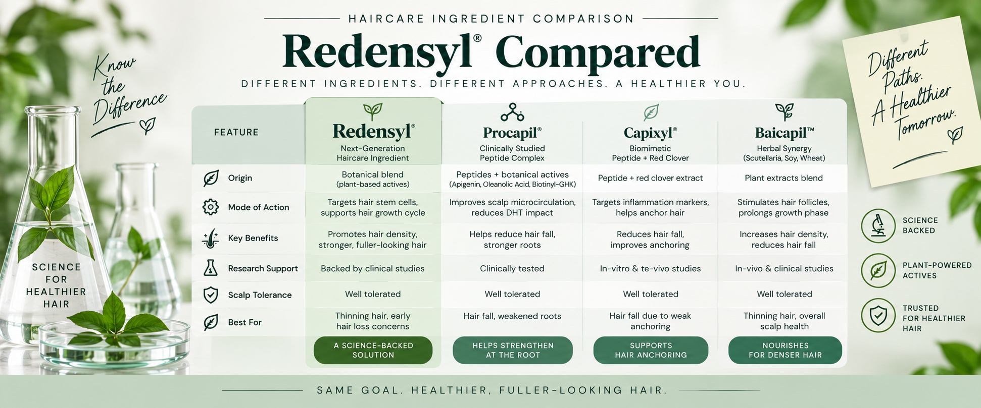 Redensyl Compared With Related Haircare Options Redensyl compared with related haircare ingredients including Procapil, Capixyl, and Baicapil.