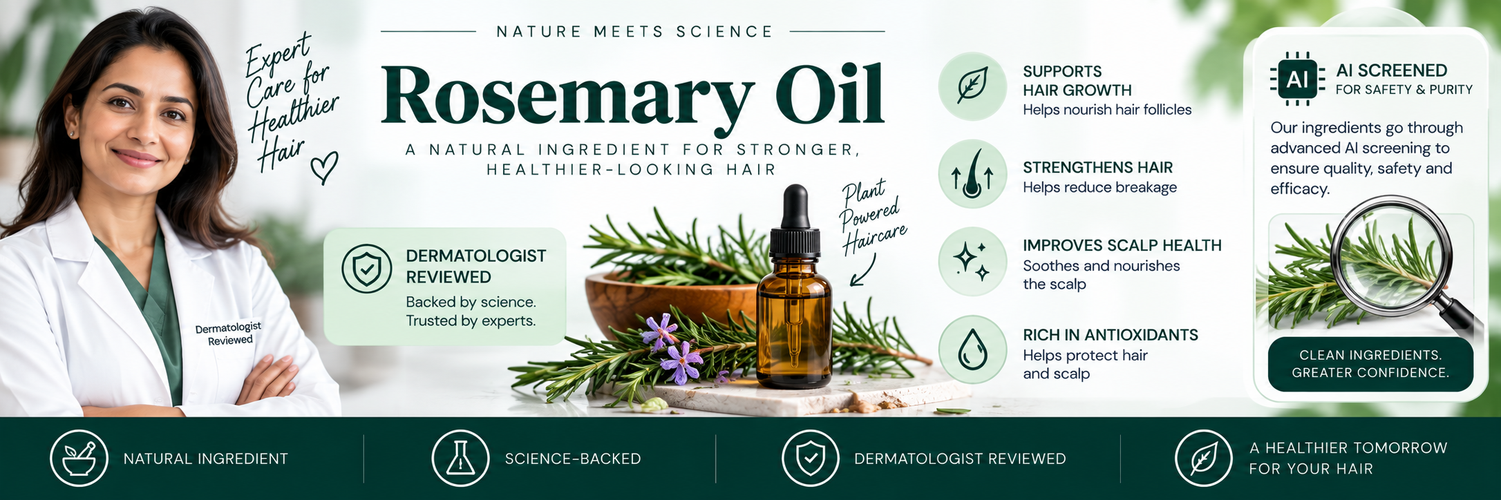 Dermatologist-reviewed rosemary oil guide with AI screening and science-focused haircare visuals.