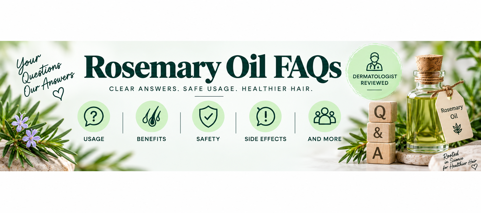 Rosemary Oil FAQs banner covering usage, benefits, safety, side effects, and common questions.