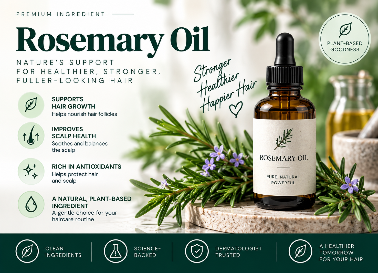 Premium Rosemary Oil ingredient visual featuring an amber oil bottle, rosemary sprigs, botanical elements, and haircare imagery.