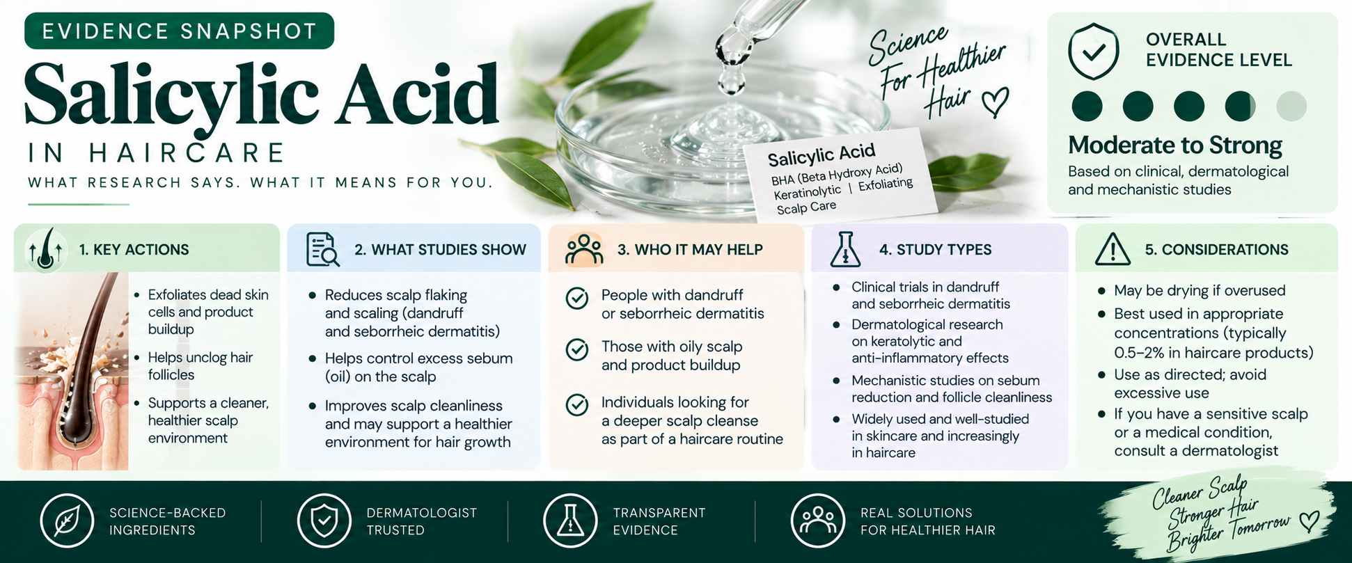Evidence Snapshot — Salicylic Acid in Haircare Evidence level snapshot for Salicylic Acid in haircare, showing scalp exfoliation, product buildup control, research, and safety considerations.