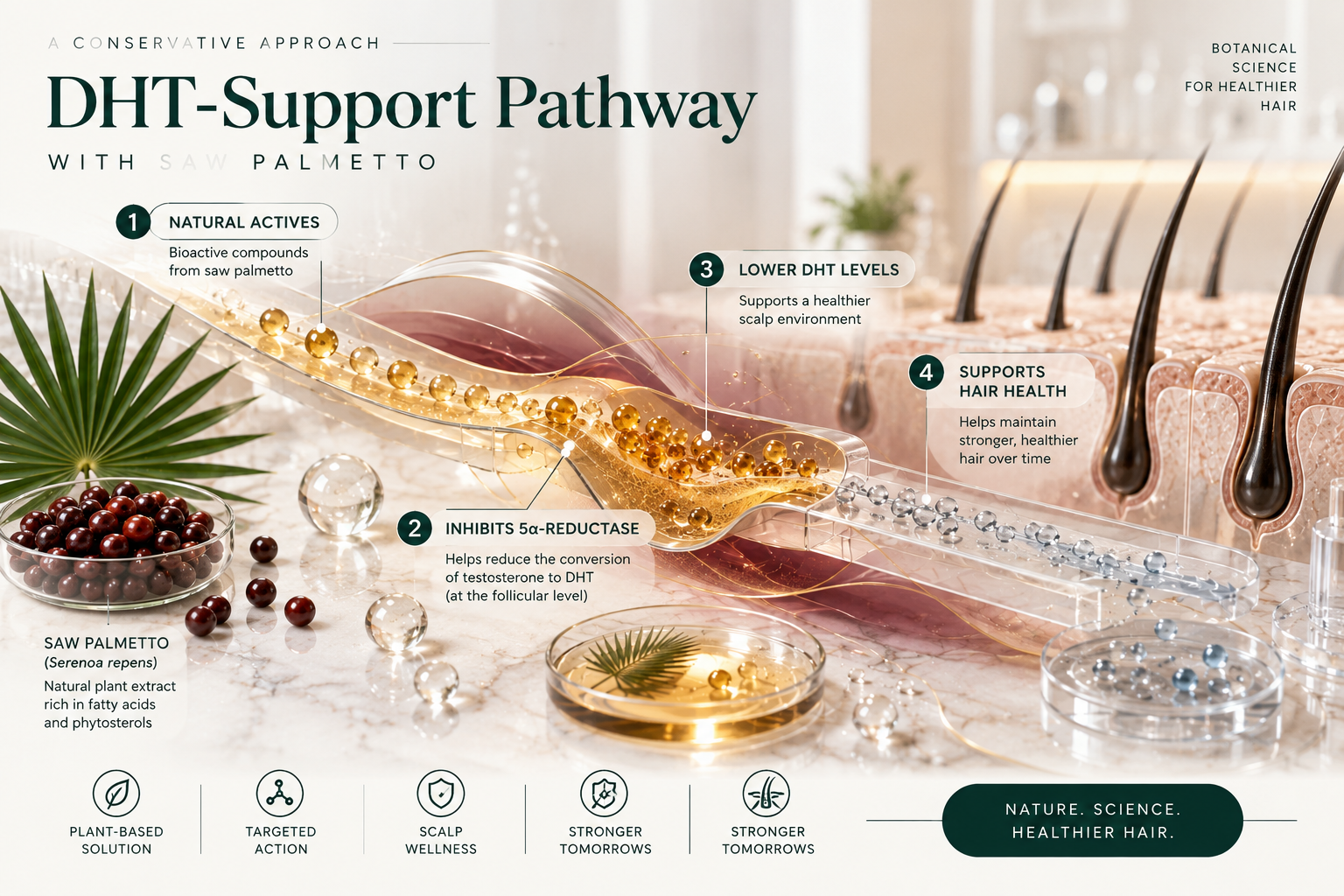 How Saw Palmetto May Relate to the DHT Pathway Saw Palmetto represented conceptually as a restrained botanical DHT-support pathway