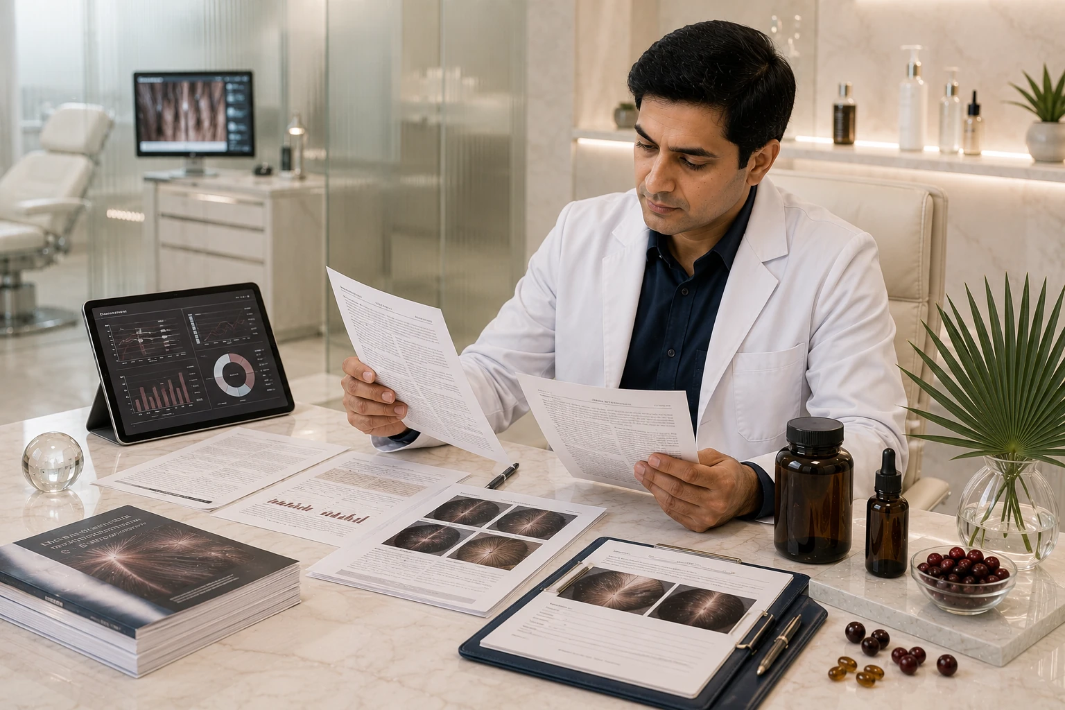 Evidence for Saw Palmetto and Hair Loss Dermatologist reviewing research evidence for Saw Palmetto hair support