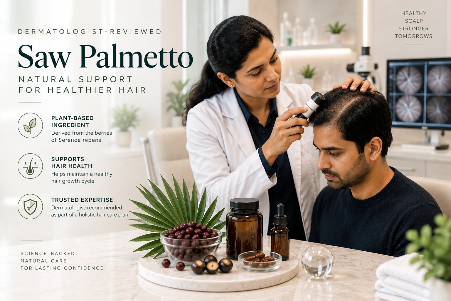 Saw Palmetto for Hair – Dermatologist-Reviewed Guide Dermatologist assessing male pattern hair thinning before considering Saw Palmetto hair support