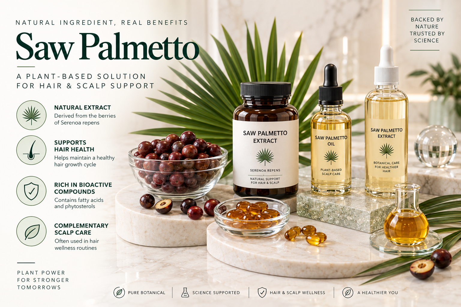 Saw Palmetto Ingredient in Hair Support Saw Palmetto botanical extract represented in supplement serum and hair tonic formats