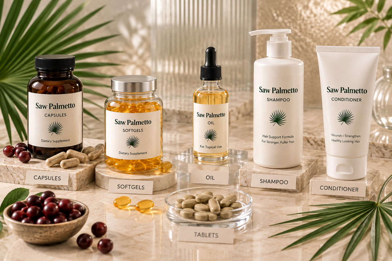 Saw Palmetto Supplement and Topical Haircare Formats Unbranded Saw Palmetto supplement serum tonic and botanical hair-support formats