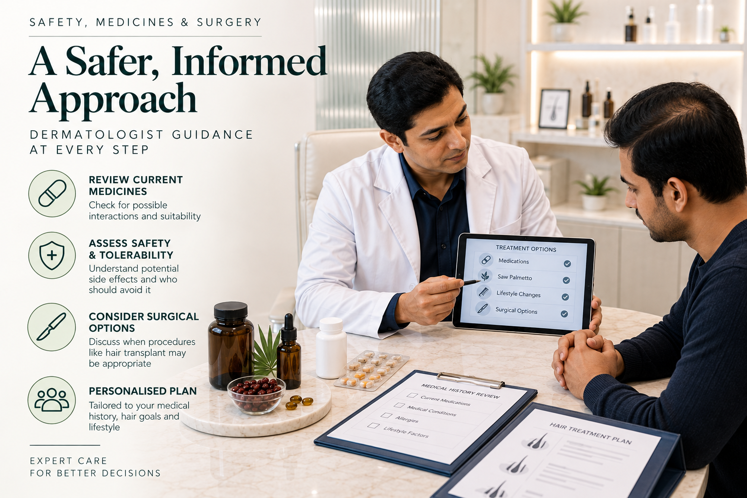Saw Palmetto Safety and Medication Review Doctor reviewing medicines bleeding risk and surgery plans before Saw Palmetto supplementation