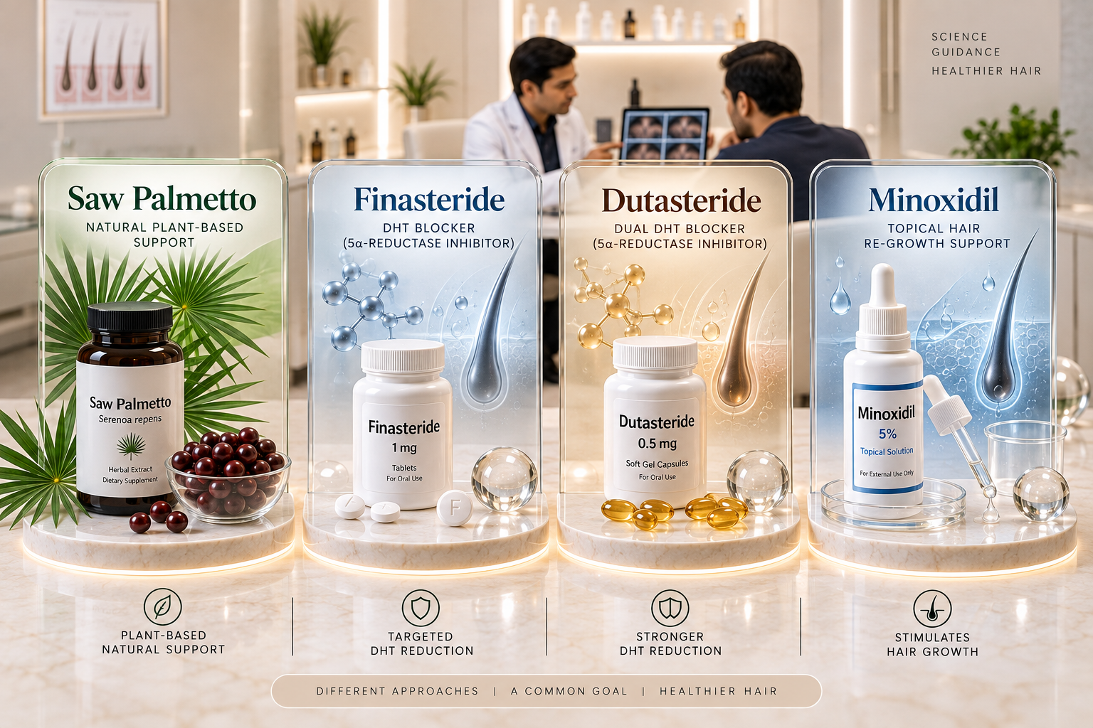 Saw Palmetto vs Finasteride vs Dutasteride vs Minoxidil Saw Palmetto Finasteride Dutasteride and Minoxidil shown as different botanical and medical hair-loss pathways