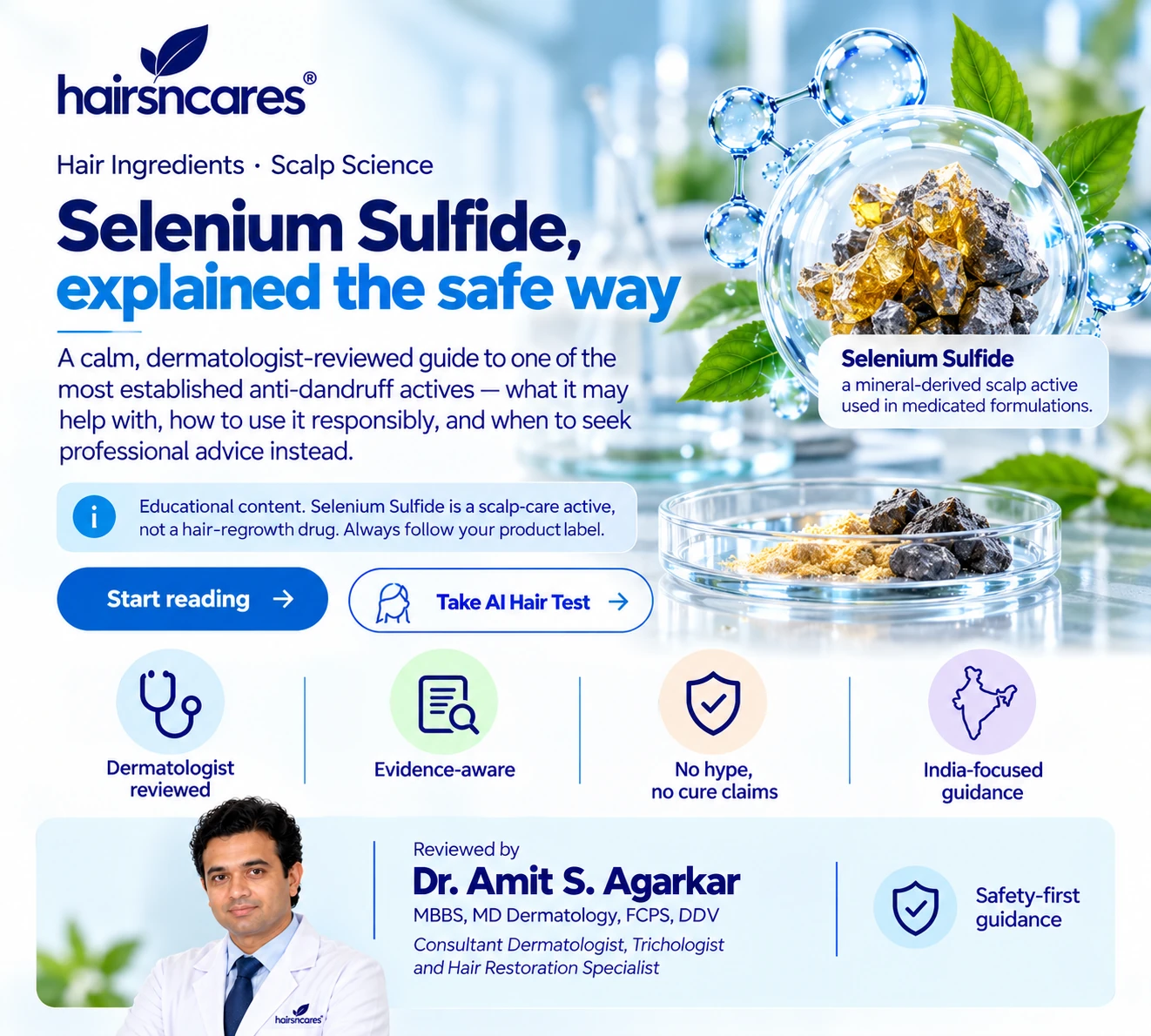 Selenium Sulfide for Dandruff – Dermatologist-Reviewed Scalp Guide Selenium Sulfide anti-dandruff scalp-care ingredient visual with dermatologist-reviewed safety guidance