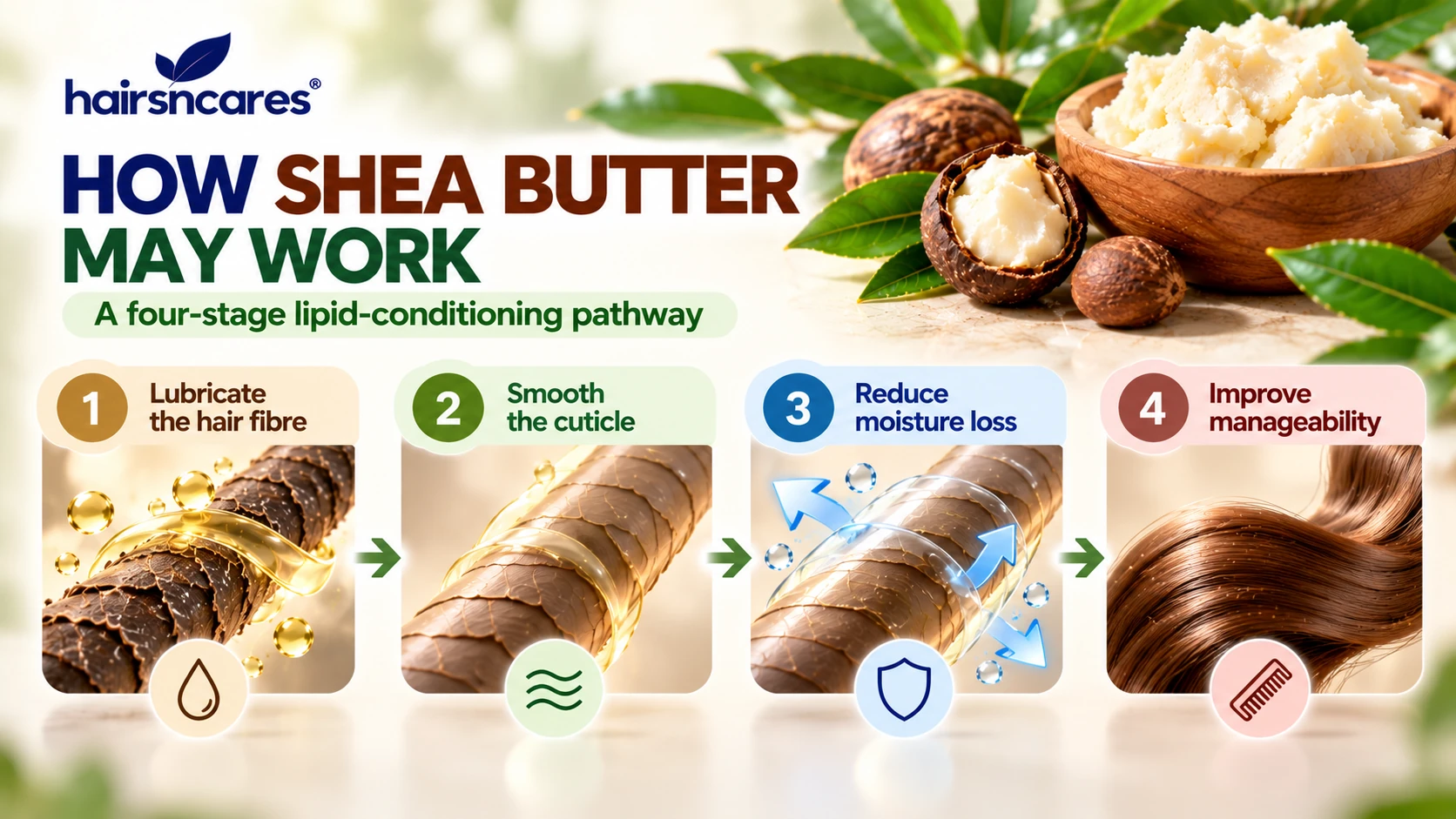 How Shea Butter may condition hair by lubricating the fibre smoothing the cuticle reducing moisture loss and improving manageability