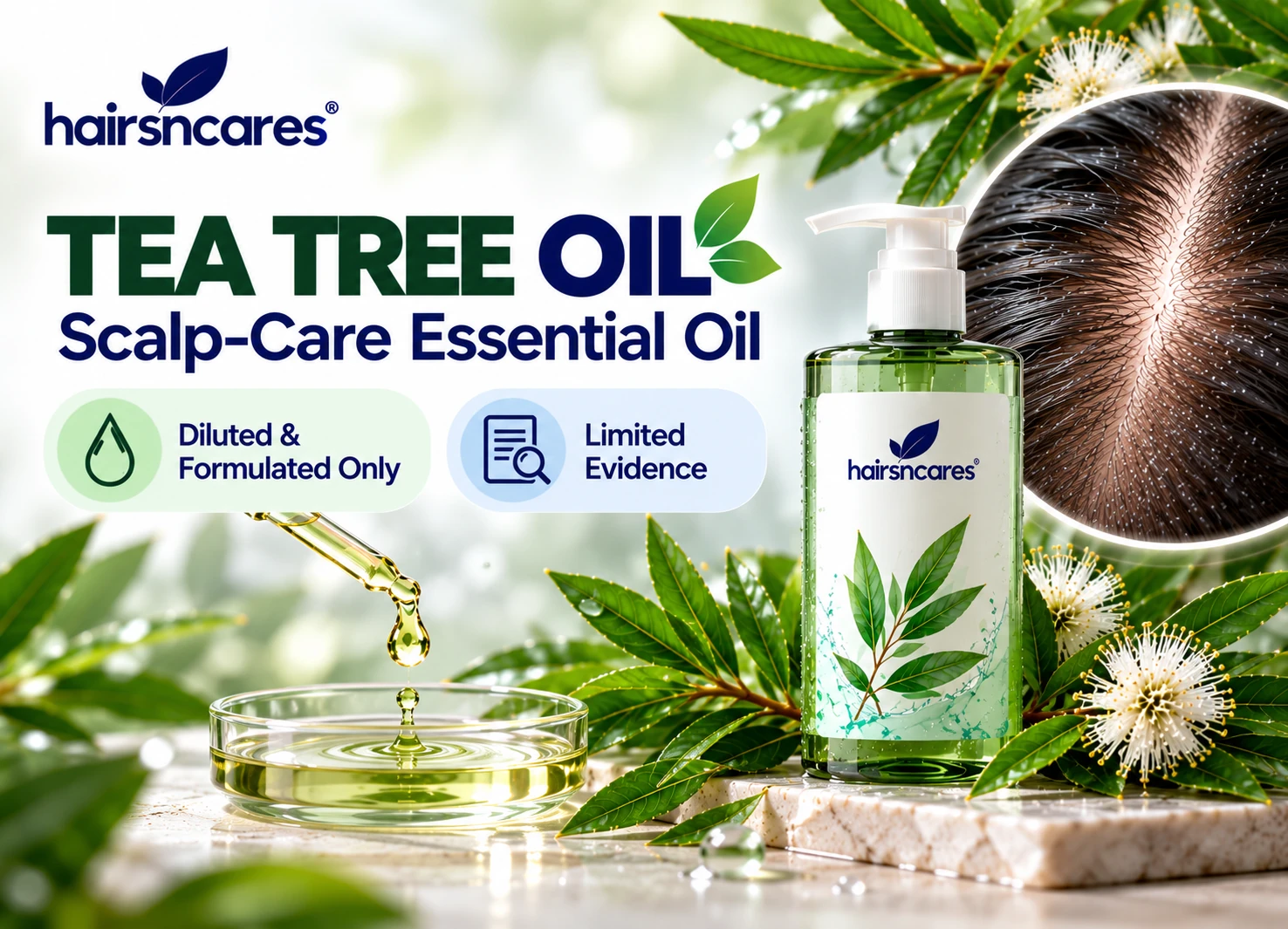 Premium Tea Tree Oil scalp-care ingredient visual emphasizing diluted formulated use and limited evidence