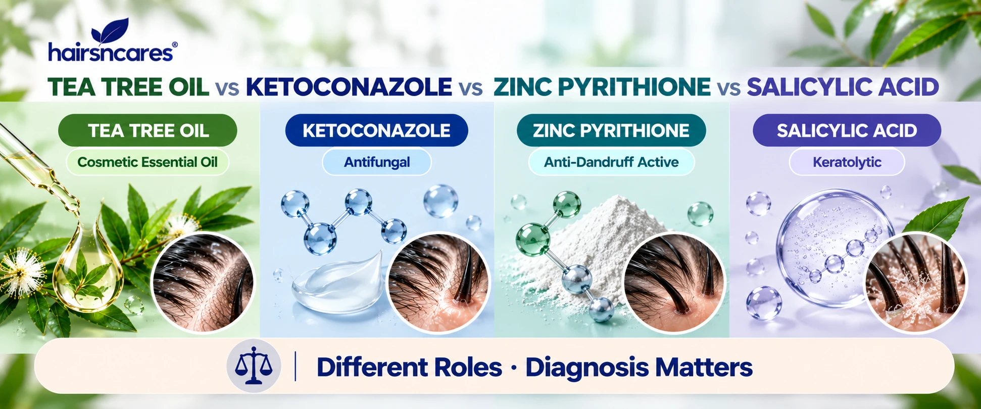Tea Tree Oil compared with Ketoconazole Zinc Pyrithione and Salicylic Acid for scalp and dandruff care