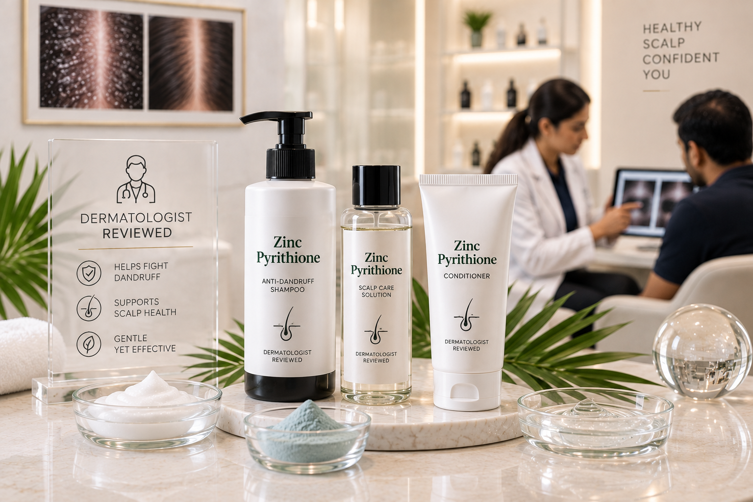 Dermatologist assessing oily flaky scalp before selecting Zinc Pyrithione dandruff shampoo
