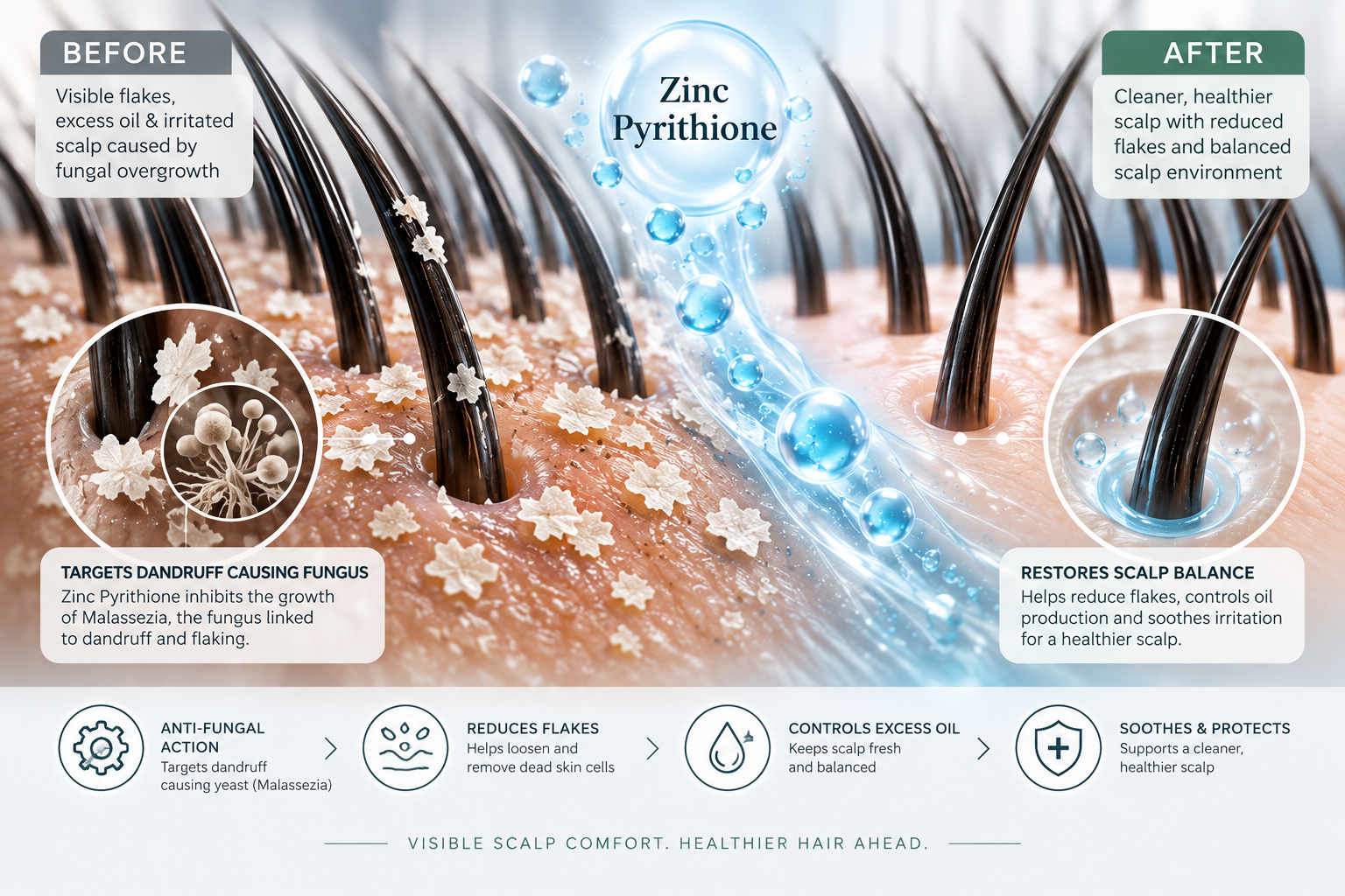 Zinc Pyrithione dandruff scalp-care visual showing controlled reduction of visible flakes