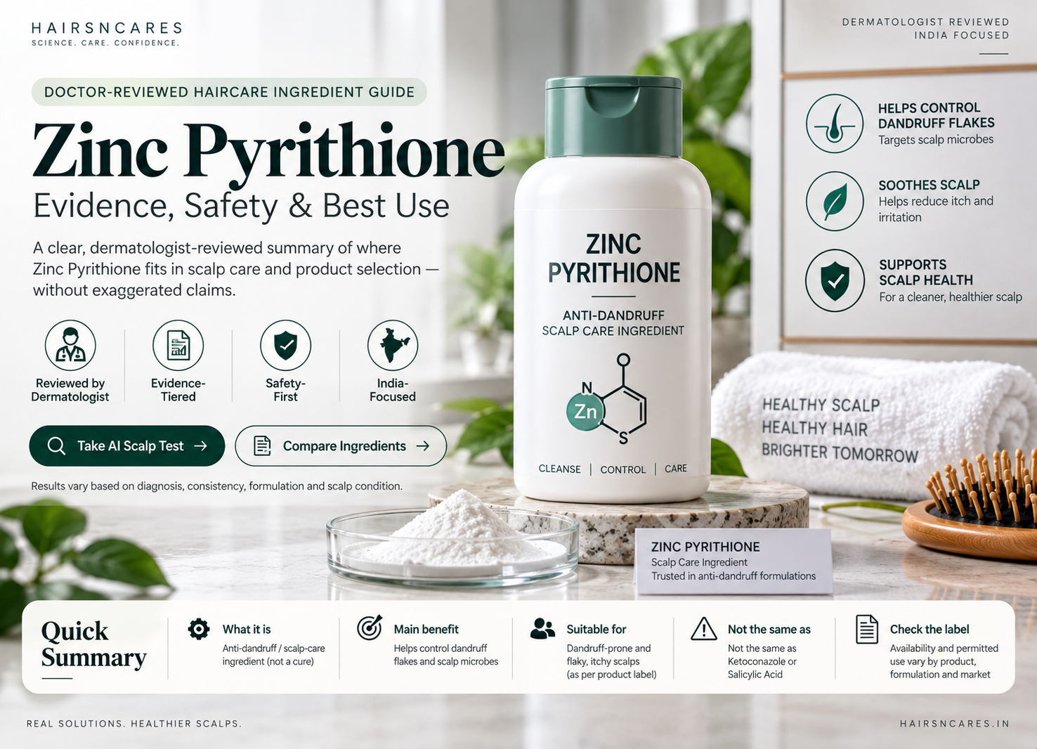 Zinc Pyrithione haircare ingredient guide for dandruff scalp care evidence safety and best use