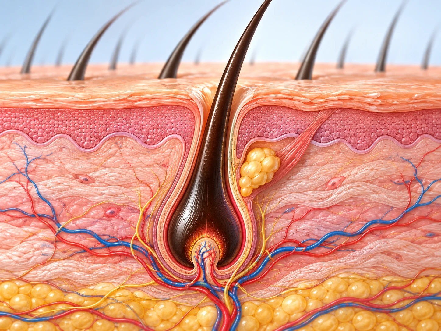 Active anagen hair follicle with a developed bulb and growing hair fibre.