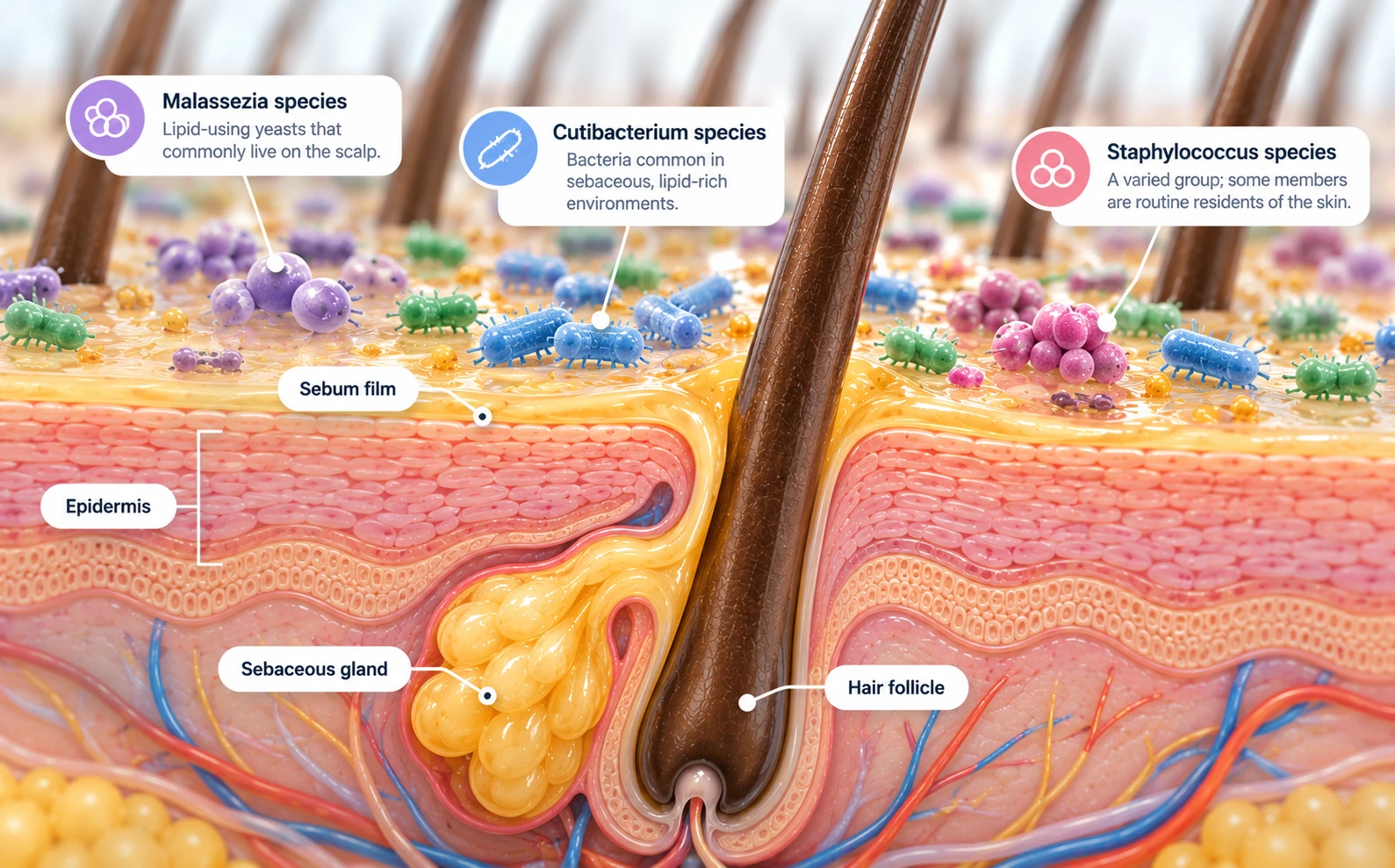 Scientific visual of bacteria and fungi forming a balanced microbial community on the scalp surface.