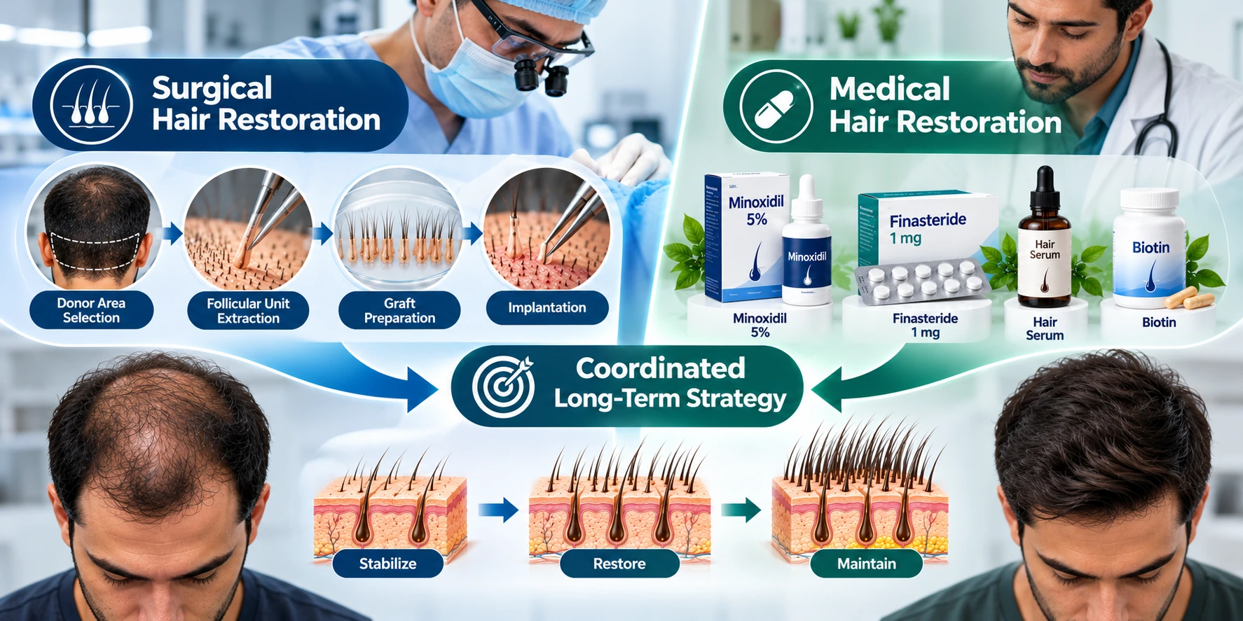 Surgical and medical hair-restoration pathways converging into one coordinated long-term strategy