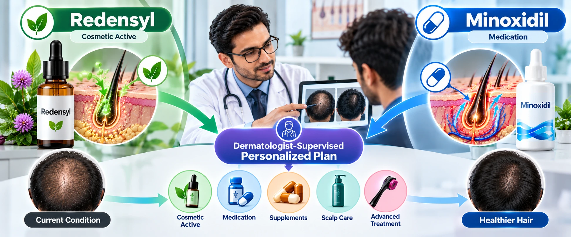 A cosmetic active and a medication converging into one dermatologist-supervised plan