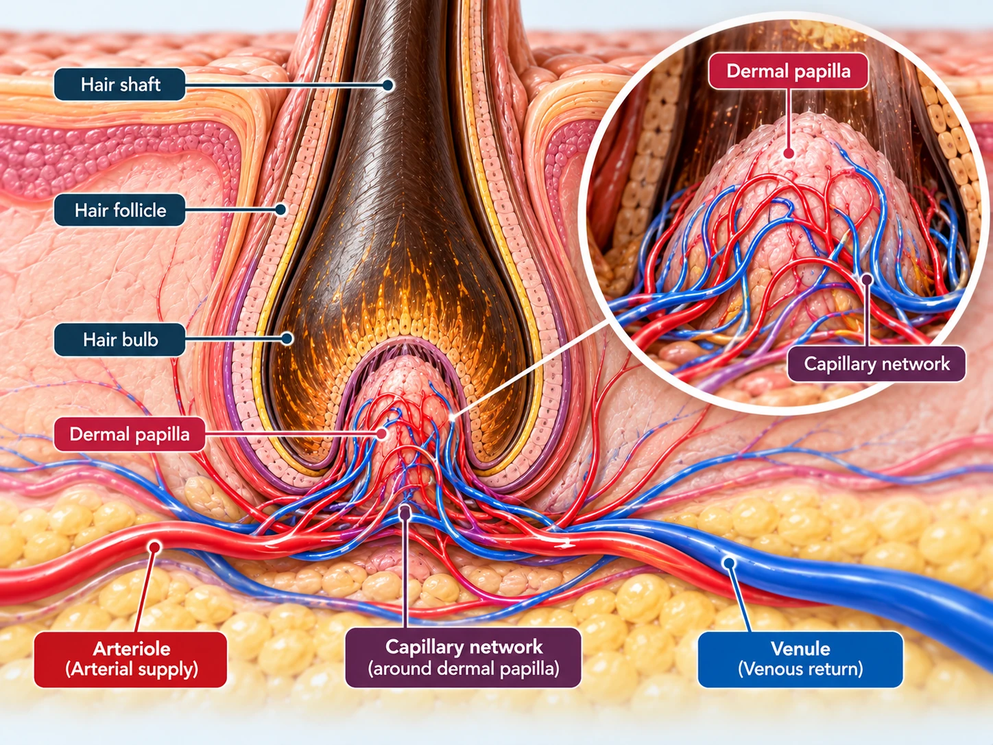 Detailed view of the dermal papilla and nearby capillary network within the hair bulb.