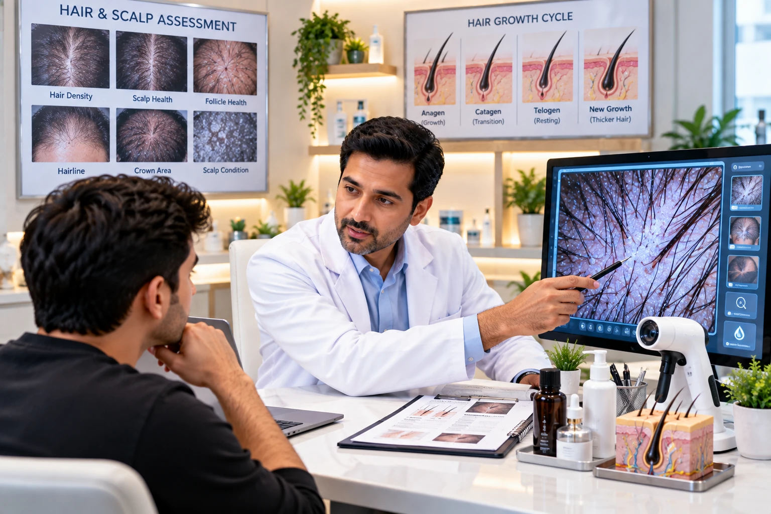 A calm dermatologist-led consultation and scalp assessment environment