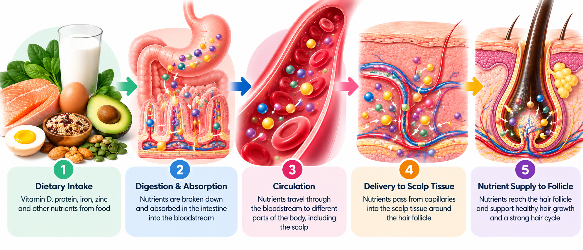 Diagram tracing nutrients from digestion and absorption through the bloodstream to living tissue around the hair follicle.