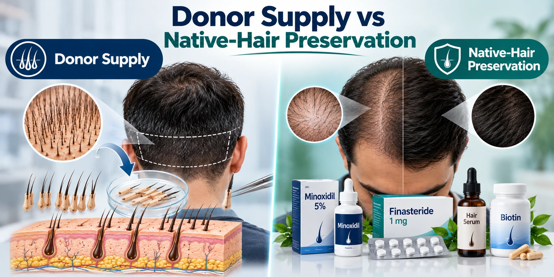 Editorial concept illustrating finite donor supply alongside native-hair preservation