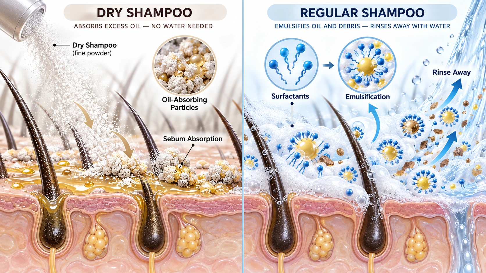 Abstract diagram comparing dry shampoo particle absorption with surfactant emulsification and rinsing on the scalp